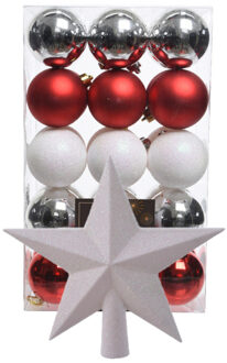 Bellatio Decorations Kerstballen 30x st - parelmoer wit/rood/zilver- 6 cm - met ster piek lichtroze- kunststof