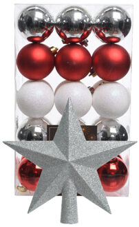 Bellatio Decorations Kerstballen 30x st - parelmoer wit/rood/zilver- 6 cm - met ster piek zilver- kunststof