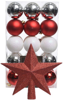 Bellatio Decorations Kerstballen 30x st - parelmoer wit/rood/zilver- 6 cm - met ster piek zilver- kunststof