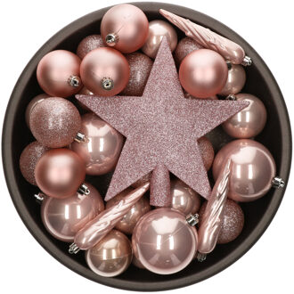 Bellatio Decorations Kerstballen - 33x st - mix - lichtroze - met piek - Kerstbal