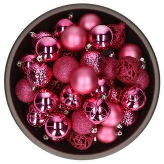 Bellatio Decorations Kerstballen - 37ST - mix - fuchsia - 6 cm Roze
