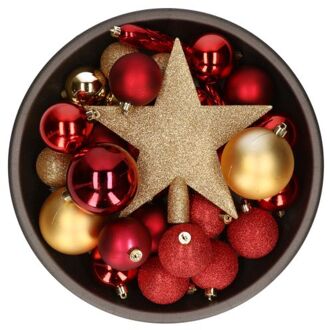 Bellatio Decorations Kerstballen - met piek - 33 stuks - rood-goud - 5-6-8 cm - Kerstbal Multikleur