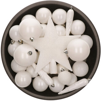 Bellatio Decorations kerstballen set - 33x st - met ster piek - wit - kunststof - onbreekbaar