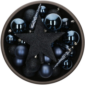Bellatio Decorations kerstballen set - 33x st - piek - donkerblauw - kunststof