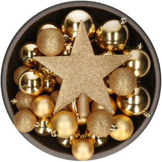 Bellatio Decorations kerstballen set - 34-dlg - goud - incl. piek - kunststof
