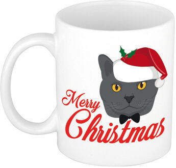 Bellatio Decorations Kerstcadeau mok/beker Merry Christmas met grijze kat / poes Kerstmis 300 ml - Bekers Wit