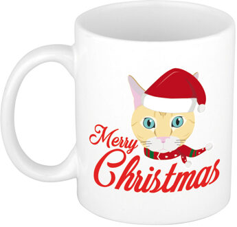 Bellatio Decorations Kerstcadeau mok/beker Merry Christmas met kat / poes Kerstmis 300 ml - Bekers Wit