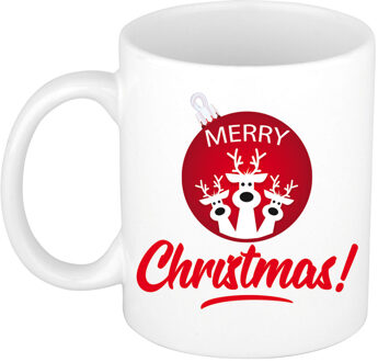 Bellatio Decorations Kerstcadeau mok/beker Merry Christmas rode kerstbal met rendieren 300 ml - Bekers Wit
