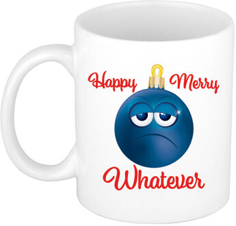 Bellatio Decorations Kerstcadeau mok / beker Merry Happy whatever chagrijnige blauwe kerstbal 300 ml - Bekers Wit