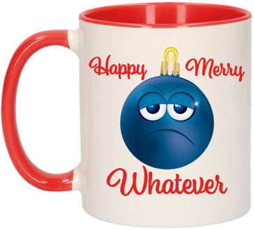 Bellatio Decorations Kerstcadeau mok / beker Merry Happy whatever chagrijnige smiley kerstbal 300 ml - Bekers Rood