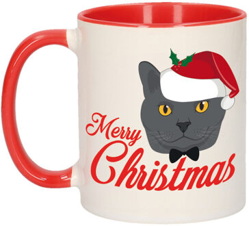 Bellatio Decorations Kerstcadeau mok/beker rood Merry Christmas met grijze kat / poes 300 ml - Bekers