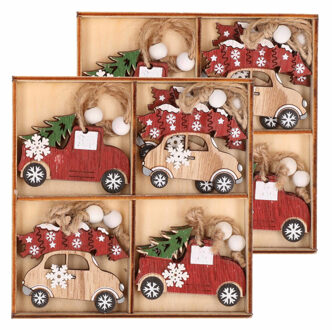 Bellatio Decorations Kersthanger set van 16x houten auto hangers 6 x 5 cm - houten kerstboomversiering ornamenten