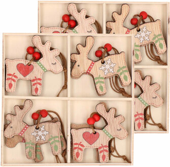 Bellatio Decorations Kersthanger set van 16x houten rendieren hangers 5 x 6 cm - houten kerstboomversiering ornamenten