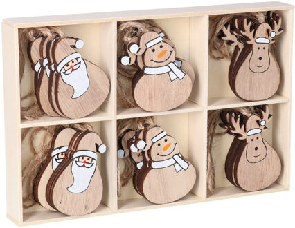 Bellatio Decorations Kersthangers - 24x st - hout - 5,5 cm - kerstornamenten set figuurtjes Bruin