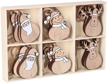 Bellatio Decorations Kersthangers - 24x st - hout - 5,5 cm - kerstornamenten set figuurtjes