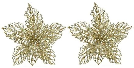 Bellatio Decorations Kersthangers - 2x - 23 cm - glitter bloem - goud Goudkleurig