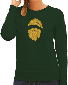 Bellatio Decorations Kerstman hoofd Kerst sweater / trui groen voor dames met gouden glitter bedrukking XL - kerst truien