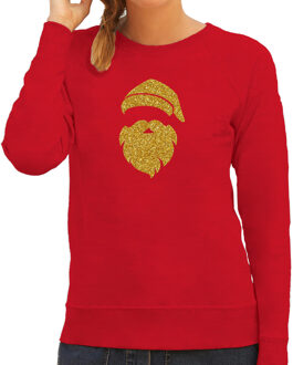 Bellatio Decorations Kerstman hoofd Kerst sweater / trui rood voor dames met gouden glitter bedrukking S - kerst truien