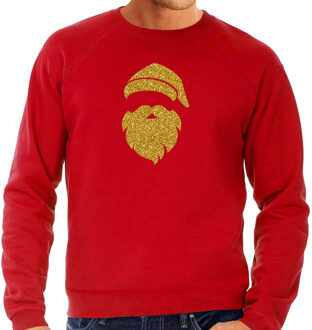 Bellatio Decorations Kerstman hoofd Kerst sweater / trui rood voor heren met gouden glitter bedrukking L - kerst truien