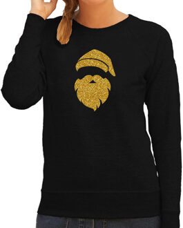 Bellatio Decorations Kerstman hoofd Kerst sweater / trui zwart voor dames met gouden glitter bedrukking XL - kerst truien