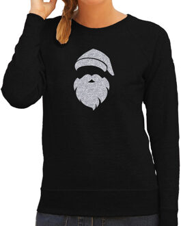 Bellatio Decorations Kerstman hoofd Kerst sweater / trui zwart voor dames met zilveren glitter bedrukking 2XL - kerst truien