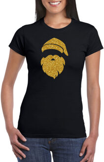 Bellatio Decorations Kerstman hoofd Kerst t-shirt zwart voor dames met gouden glitter bedrukking 2XL