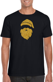 Bellatio Decorations Kerstman hoofd Kerst t-shirt zwart voor heren met gouden glitter bedrukking 2XL