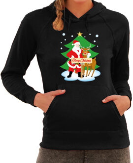 Bellatio Decorations Kerstman met rudolf bij Kerstboom Merry Christmas foute Kerst hoodie / hooded sweater zwart voor dam L - kerst truien