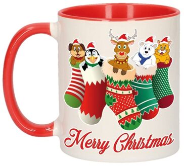 Bellatio Decorations Kerstmis cadeau mok - Merry Christmas - diertjes in kerstsokjes - 300 ml - keramiek