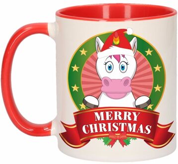 Bellatio Decorations Kerstmis ontbijtbeker rood / wit met eenhoorn voor kinderen 300 ml