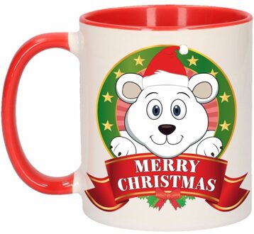 Bellatio Decorations Kerstontbijt theebeker rood/wit ijsbeer 300 ml Multi