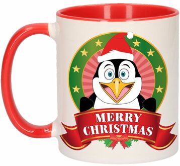 Bellatio Decorations Kerstontbijt theebeker rood/wit pinguin 300 ml Multi