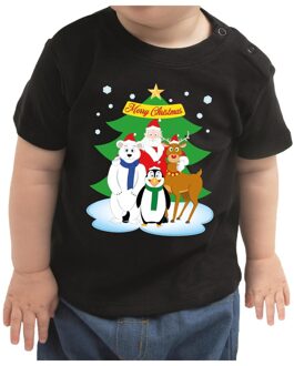 Bellatio Decorations Kerstshirt kerstman / dierenvriendjes zwart baby jongen/meisje