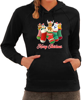 Bellatio Decorations Kerstsokken Merry Christmas foute Kerst hoodie / hooded sweater zwart voor dames 2XL - kerst truien