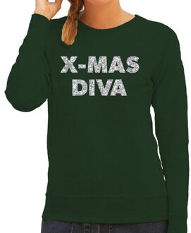 Bellatio Decorations Kersttrui Christmas Diva - voor dames - groen- met zilveren glitter letters - kleding - lange mouwen