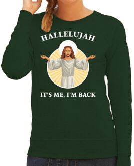 Bellatio Decorations Kersttrui - Hallelujah its me im back - groen - voor dames - Kerstkleding / Christmas outfit - Jezus