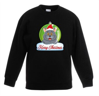 Bellatio Decorations Kersttrui Merry Christmas grijze kat / poes kerstbal zwart kinde