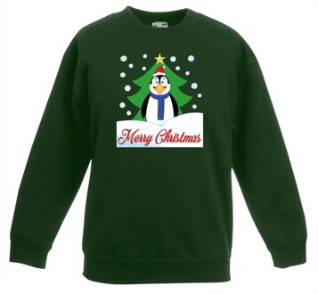 Bellatio Decorations Kersttrui Merry Christmas pinguin groen kinderen