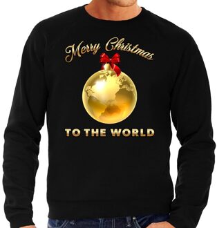 Bellatio Decorations Kersttrui Merry Christmas to the world goud glitter zwart heren