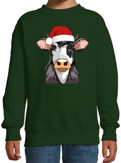 Bellatio Decorations Kersttrui / sweater boerderijdieren - kinderen - Koe - groen - kerstmuts - Kerstmis 12-13 jaar (152/164)