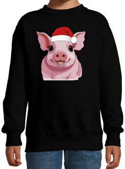 Bellatio Decorations Kersttrui / sweater boerderijdieren - kinderen - Varken - zwart - kerstmuts - Kerstmis