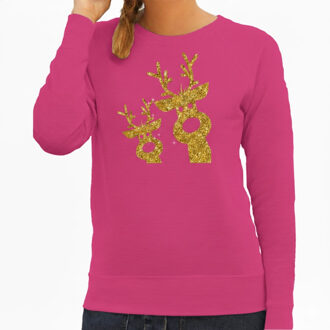 Bellatio Decorations Kersttrui / sweater - dames - gouden rendieren - roze - glitter goud