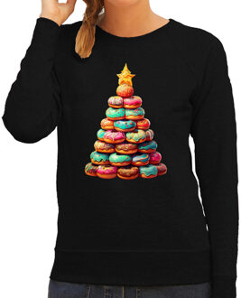Bellatio Decorations Kersttrui / sweater dames - kerstboom van donuts - zwart - lekkernijen - Merry Christmas M