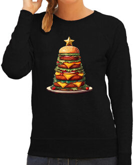 Bellatio Decorations Kersttrui/sweater dames - kerstboom van hamburgers - zwart - burgerfan - Merry Christmas Rood