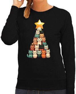 Bellatio Decorations Kersttrui / sweater dames - kerstboom van katjes - zwart - Kerstkatjes - Merry Christmas XS