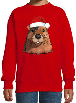 Bellatio Decorations Kersttrui / sweater familie Bever - kinderen - dieren - rood - kerstmuts - Kerstmis 3-4 jaar (98/104)