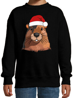 Bellatio Decorations Kersttrui / sweater familie Bever - kinderen - dieren - zwart - kerstmuts - Kerstmis 14-15 jaar (170/176)
