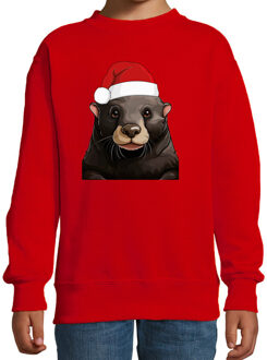 Bellatio Decorations Kersttrui / sweater familie Mol - kinderen - dieren - rood - kerstmuts - Kerstmis 7-8 jaar (122/128)