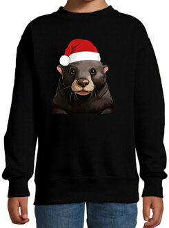 Bellatio Decorations Kersttrui / sweater familie Mol - kinderen - dieren - zwart - kerstmuts - Kerstmis 5-6 jaar (110/116)