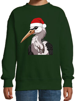 Bellatio Decorations Kersttrui / sweater familie Ooievaar - kinderen - dieren - groen - kerstmuts - Kerstmis 12-13 jaar (152/164)